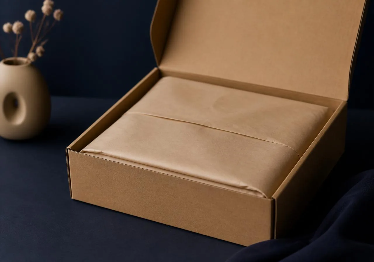 Plain unbranded shipping box with neutral tissue paper