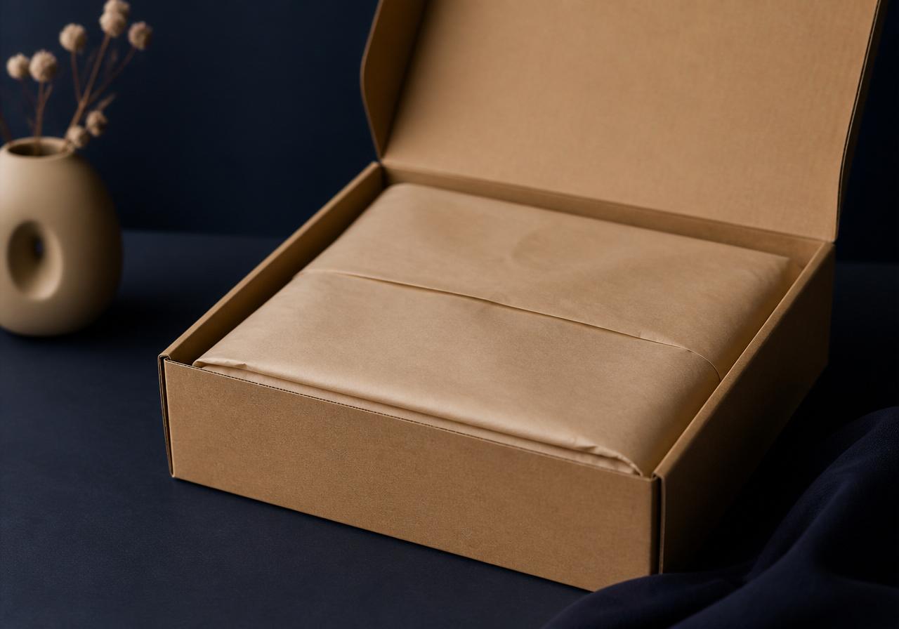 Plain unbranded shipping box with neutral tissue paper
