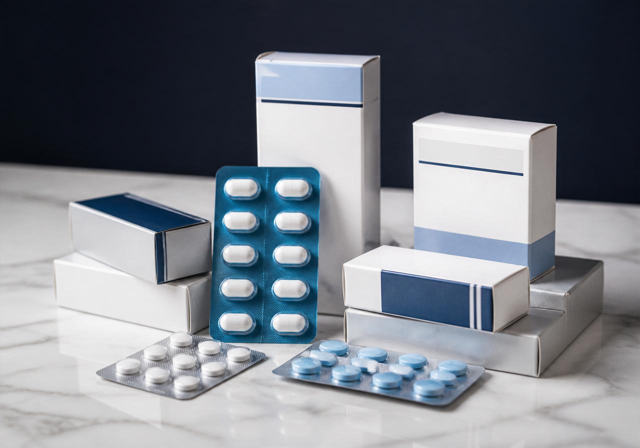Original pharmaceutical product packaging arranged on a clean surface